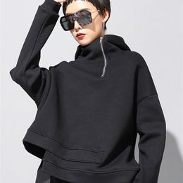 EAM Loose Fit Asymmetrical Oversized Sweatshirt Hooded Long Sleeve Women Big Size Fashion Spring Autumn 19A-a527 220314