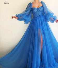 2020 Blue Dubai Evening Dresses Long Sexy Slit V-neck Beaded Tulle Formal Dress For Evening Party Robe Cheap Long Evening Gown LJ201118