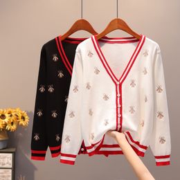 New Bee Embroidery Knitted Cardigan Sweater Women Winter Long-sleeved Shirt Short Outer Thin Top Female Clothing Wholesale