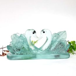 Decorative Objects & Figurines High Quality Naturel Blue Melting Crystal Hand Crafted Couple Swan For Decoration _XCG