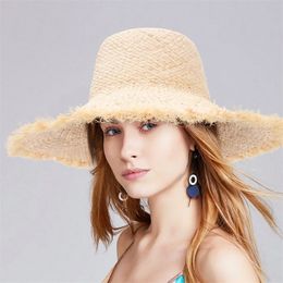 GEMVIE New Fashion Floppy Straw Hat Summer Hats For Women Raffia Woven Large Brim Sun Hat Ladies Beach Cap Panama Hat Adjustable Y200714