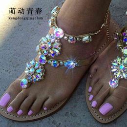6 Colour Woman Sandals Women Shoes Rhinestones Chains Thong Gladiator Flat Sandals Crystal Chaussure Plus Size 46 tenis feminino Y220224