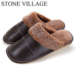 Plus Size 3544 Genuine Leather Warm Winter Home Slippers NonSlip Thick Warm House Shoes Cotton Women Men Slippers 5 Colors 210203