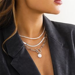 Goth Layered Snake Clavicle Chain Necklace for Women Wedding Bridal 2022 OT Buckle Pearl Pendant Choker Neck Jewellery