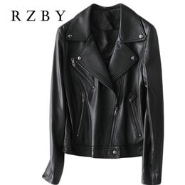RZBY Soft Sheepskin Genuine Leather Coat Black Jacket Women Autumn Clothes Casual Genuine Leather Jacket Fashion 201226