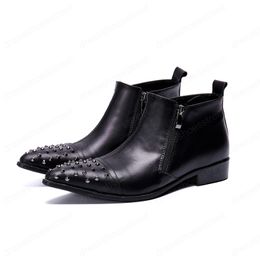 Fashion Pointed Toe Rivet Black Motorcycle Short Men Boots Genuine Leather Party Zipper Boots Men Business Shoes