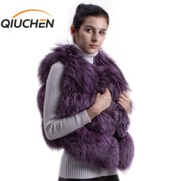 QIUCHEN 2020 New Women vest Full Pelt Real Fox Fur Vest Fashionable Genuine Leather Gilet Wholesale Waistcoat Solid LJ201201