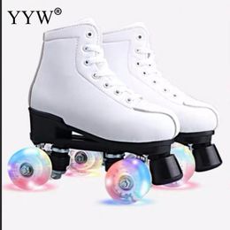 Inline & Roller Skates Artificial Leather Double Line Women Men Adult Two Skate Shoes Patines With White PU 4 Wheels Patins1