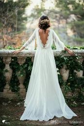 Ivory Lace 3/4 Long Sleeve Backless Bohemian Wedding Dresses 2022 Summer Court Train Flow Chiffon Plus Size Beach Bridal Gowns BA6310