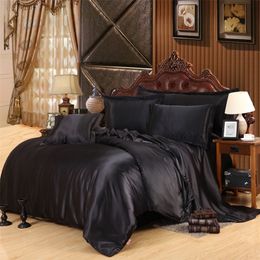 Solid Colour Black Colour Satin Silk Luxury Cool Bedding Set for Summer with Duvet Cover Flat Sheet Pillowcase 201210