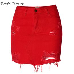 England High Waist Sexy Jeans Skirts Women Top Quality Cotton Irregular Hole Ripped Denim Skirts Mujer Red Tassel Short Saia T200712