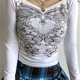 Floral y2k Crop Top Grunge Fairycore T Shirt White Frill Long Sleeve Pullover Kawaii Autumn Sweet Tee Women 220226