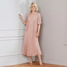 Modest Lace Mother Of The Bride Dresses Square Neck A Line Evening Gowns With Short Sleeves Jackets Tea Length Plus Size Wedding Guest Dress