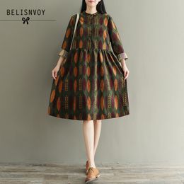 Robe Femme Mori Girl Autumn Winter Women Clothing Printed Long Sleeve Single Breasted Plus Size Corduroy Vintage Dress 201028