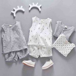 Cotton Linen Boys Girls Suit Summer Sleeveless Vest Shorts 2pcs Suit Children Set 2019 Clothing Kids Sets Bebe Toddler 0-5T G220310