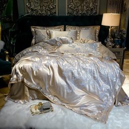 Silver Grey Luxury Satin Jacquard Cotton Duvet Cover Queen King 4Pcs Silky Bedding Set 1 Duvet Cover 1 Bed Sheet 2 Pillowcases 201021