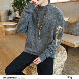MrGoldenBowl New Autumn Warm Men Sweaters Chinese Dragon Printed Knitted Pullovers Plus Size Man Loose Sweater Tops 201105