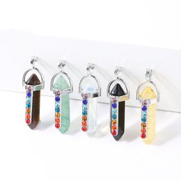 Natural Stone Charms Hexagon Crystal Pendants 7 Chakra Rhinestone Rose Quartz for Jewellery Making Diy Necklace Earring Gifts