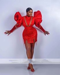 2022 Artı Boyutu Gerçek Fotoğraf Kırmızı Afrika Şık Gelinlik Modelleri Kristal Payetli Örgün Parti Kıyafeti Siyah Kız Püsküller Vestidos de Gala