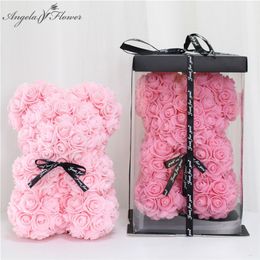 DIY 25 cm Teddy Rose Bear With Box Artificial PE Flower Bear Rose Valentine's Day For Girlfriend Women Wife Mother's Day Gifts 201222