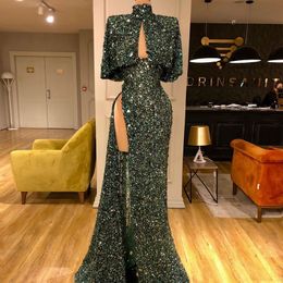 Glitter Green Prom Dresses With Wraps High Neck Sequined Mermaid Side Split Evening Gowns Sweep Train Formal Party Robes