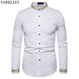 Gold Embroidery Shirt Men Autumn Stand Collar Mens Dress Shirts Casual Slim Fit Long Sleeve Chemise Homme Camisa Masculina Y200408