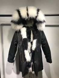 white black raccoon fur trim Mukla furs brand women coats white black lattice fox fur lined black long jackets snow parka