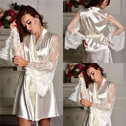 Chic Ivory Satin Silk Night Robes Women Lace Appliques Long Sleeve Dress with Belt Both Robe Formal Event Night Sleepwear