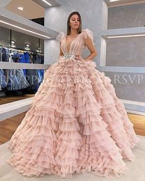 Long Evening Dresses 2020 Ruffle See Through V-neck Beaded Pink Tulle Sparkly Women Formal Gowns LJ201120