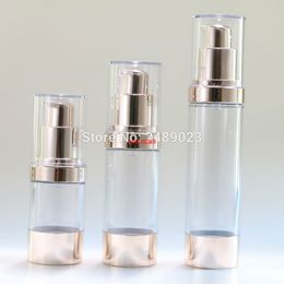 15ml 30ml Transparent cap Pale gold airless Bottle Travel Cosmetic Jars Plastic Emulsion Refillable Bottles 100pcs/lotpls order