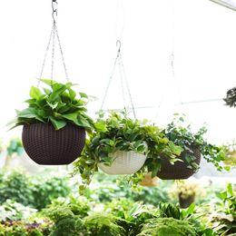 OOTDTY Beautiful Round Plastic Flower Pot Garden Plant Chain Woven Wicker Hanging Planters Balcony Decoration Y200723