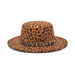 Classic Leopard Flat Top Fedora Women Wide Brim Lady Wool Blend Bowler Hats Jazz Cap Vintage Belt Panama