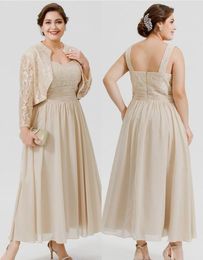 Sexy Vintage Plus Size Ankle Length Chiffon Mother of the Bride Dresses With Long Sleeves Lace Jackets Wedding Guest Dress