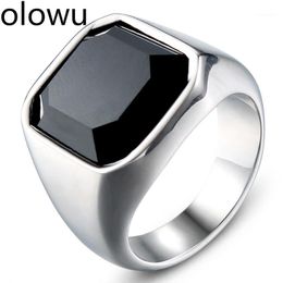 Band Ringe Olowu Edelstahl Silber Farbe Geometrische Quadratische Form Schwarz Kristall Ring Für Männer Schmuck Gothic Rock Funk Stil