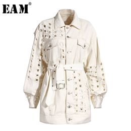 [EAM] Loose Fit Beige Holes Bandage Big Size Denim Jacket New Lapel Long Sleeve Women Coat Fashion Tide Spring Autumn 1Y917 201210