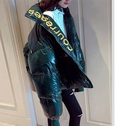 3 Colors Winter Glossy Down Parka Thick Women Waterproof Coat Embroidery Jacket Large Size Loose Winter Warm Snow Shiny Overcoat 201119