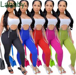 Women Rompers Designer Sexy Bandage Two-color Cutout Stitching Jumpsuit Fashion Casual Printed Sleeveless Long Shorts Tight Playsuit Pants