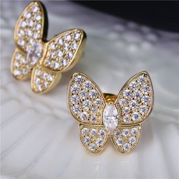 Girls Women Charming Earrings Gold Plated Bling CZ Butterfly Stud Earringa for Girls Lady Nice Gift