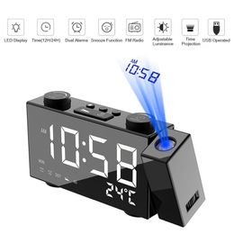 Digital Clock Dual Alarm Clock With Snooze Function USB 4 Brightness Adjustment LED Clock Projector 6 Inch FM Projection Radio LJ201204