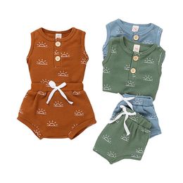 baby Sun print Waffle Tank Romper Top Shorts Two-Piece Clothing Set toddler infant outfits suit M4022
