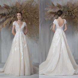 new arrival wedding dresses sexy v neck leaf appliqued lace ruched tulle bridal gowns sweep train sexy backless robes de marie custom made
