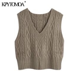 KPYTOMOA Women Fashion With Ribbed Trims Cable Knitted Vest Sweater Vintage V Neck Sleeveless Female Waistcoat Chic Tops 201030