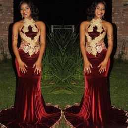 2021 High Neck Burgundy Prom Dresses Gold Lace Applique Mermaid Illusion Sleeveless Custom Made Velvet Black Girl Evening Party Gown vestido