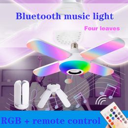 Bluetooth Music Light RGB LED Lamp Four Leaves Fan Shaped 50W E27 Bulbs With Remote Control Foldable Smart Speaker Lights