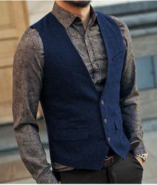 Mens Royal Blue Vest Tweed Waistcoat Vest Slim Fit Vintage Herringbone V-neck Casual Wool Groomsmen For Wedding XS-5XL 2021