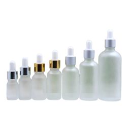 Frost Glass Dropper Bottle Silver Gold Lid White Rubber Top Empty Cosmetic Packaging Container Essential Oil Vials 5ml 10ml 15ml 20ml 30ml 50ml 100ml