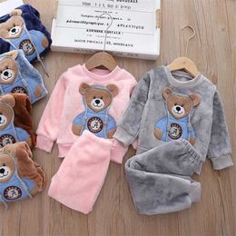1-5Y Winter Autumn Warm Children Pajamas Set Cartoons Bear Long Sleeve Baby Boy Girl 2Pcs Outfits Flannel Kids Sleepwear Suit 211224