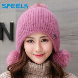 Rabbit Plush Hats Women Winter Fashion Beanies Sweet Cute Hedging Cap Velvet Wool Hat Student Hair Ball Caps Warm Knit Hat Y200103