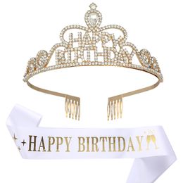 Birthday Tiaras Queen Crown Girl Women Bling Rhinestone Crystal Birthday Decoration 21 30 40 50th Satin Sashes Anniversary Supplies A11