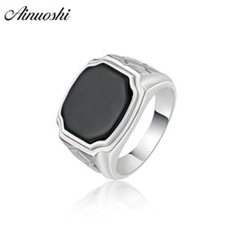 AINOUSHI 925 Sterling Silver Men Wedding Engagement Ring Black Solitiare Geometric Male Silver Birthday Party Ring Gift Jewellery Y200106